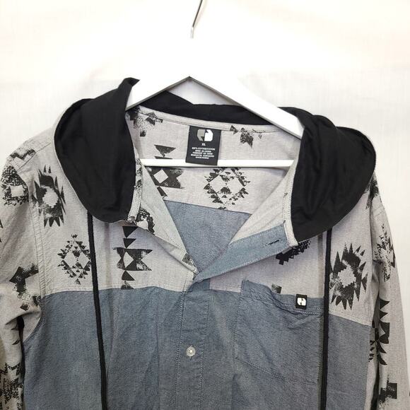 Foot Locker Hooded Button Down Shirt Size Xl Mens Gray Black - Picture 3 of 4